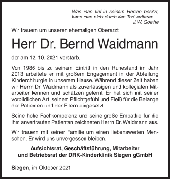 Traueranzeige von Bernd Waidmann von Siegener Zeitung