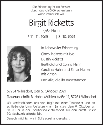 Traueranzeige von Birgit Ricketts von Siegener Zeitung