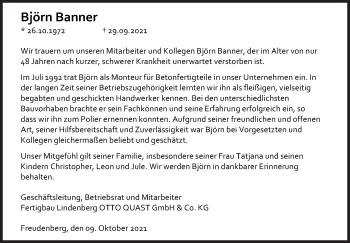 Traueranzeige von Björn Banner von Siegener Zeitung