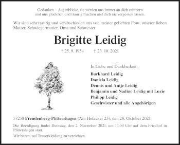 Traueranzeige von Brigitte Leidig von Siegener Zeitung