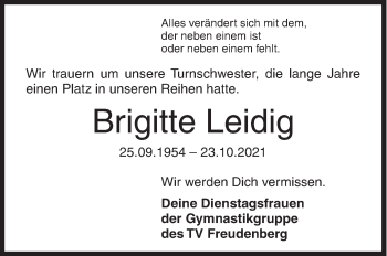 Traueranzeige von Brigitte Leidig von Siegener Zeitung