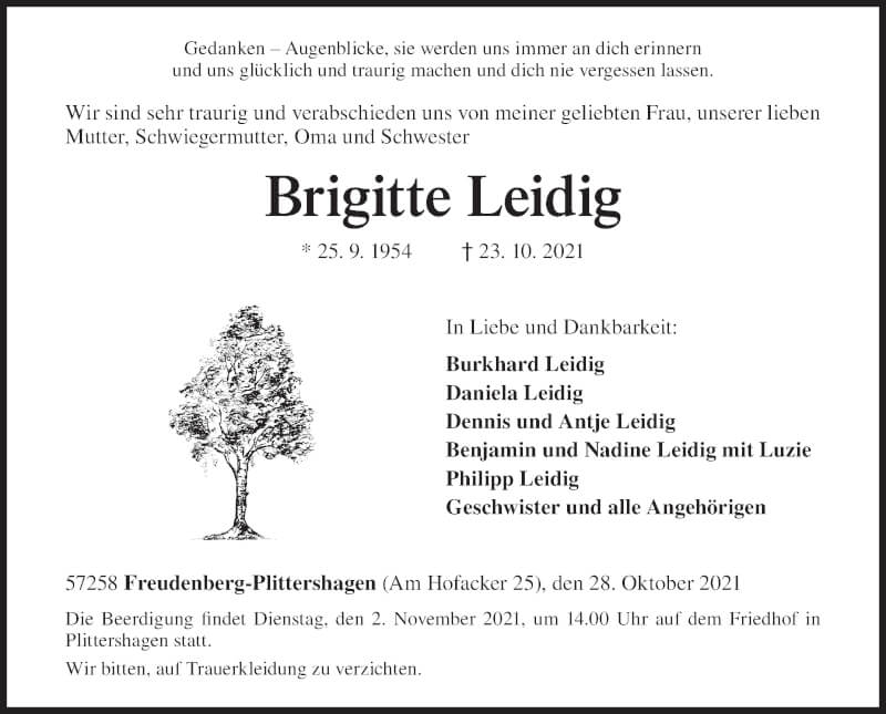  Traueranzeige für Brigitte Leidig vom 29.10.2021 aus Siegener Zeitung