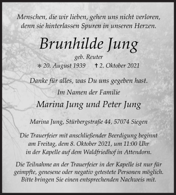 Traueranzeige von Brunhilde Jung von Siegener Zeitung