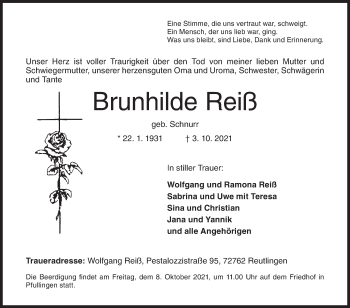 Traueranzeige von Brunhilde Reiß von Siegener Zeitung