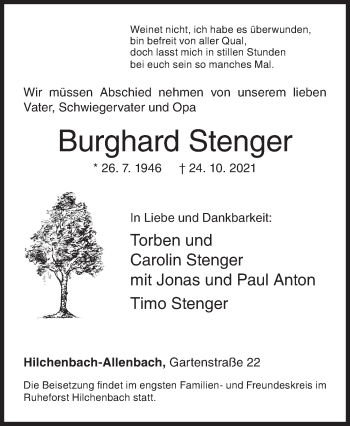 Traueranzeige von Burghard Stenger von Siegener Zeitung