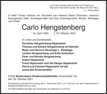 Traueranzeige von Carlo Hengstenberg von Siegener Zeitung