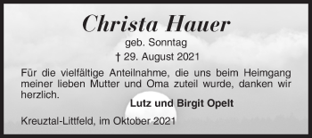 Traueranzeige von Christa Hauer von Siegener Zeitung