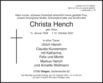 Traueranzeige von Christa Hench von Siegener Zeitung