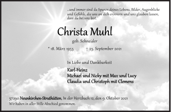 Traueranzeige von Christa Muhl von Siegener Zeitung
