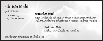 Traueranzeige von Christa Muhl von Siegener Zeitung