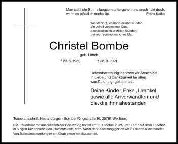 Traueranzeige von Christel Bombe von Siegener Zeitung