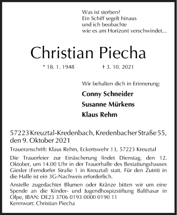 Traueranzeige von Christian Piecha von Siegener Zeitung