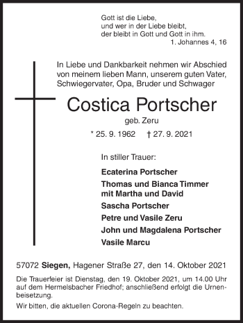 Traueranzeige von Costica Portscher von Siegener Zeitung