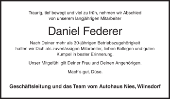 Traueranzeige von Daniel Federer von Siegener Zeitung