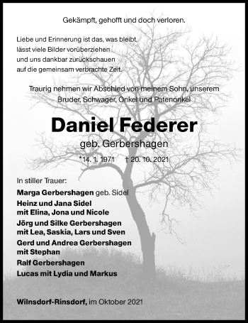 Traueranzeige von Daniel Federer von Siegener Zeitung