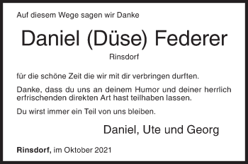 Traueranzeige von Daniel Federer von Siegener Zeitung