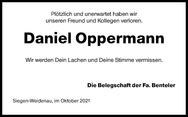 Traueranzeige für Daniel Oppermann vom 23.10.2021 aus Siegener Zeitung
