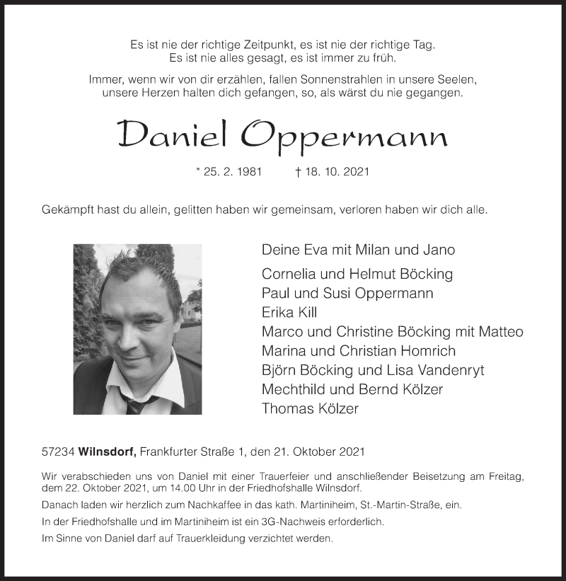  Traueranzeige für Daniel Oppermann vom 21.10.2021 aus Siegener Zeitung