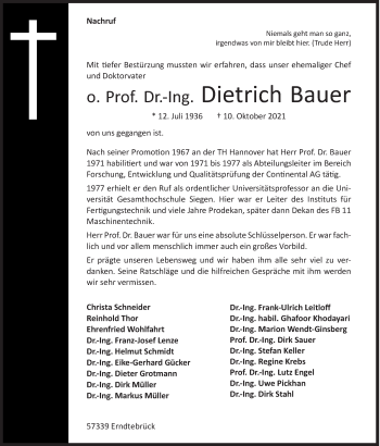 Traueranzeige von Dietrich Bauer von Siegener Zeitung