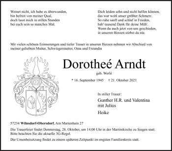Traueranzeige von Dorotheé Arndt von Siegener Zeitung