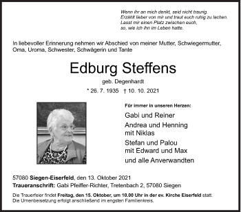 Traueranzeige von Edburg Steffens von Siegener Zeitung