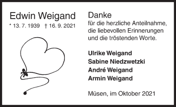 Traueranzeige von Edwin Weigand von Siegener Zeitung