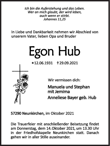 Traueranzeige von Egon Hub von Siegener Zeitung