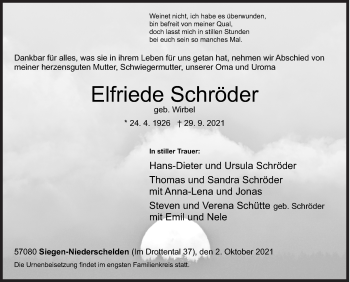 Traueranzeige von Elfriede Schröder von Siegener Zeitung