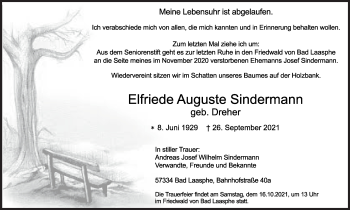 Traueranzeige von Elfriede Auguste Sindermann von Siegener Zeitung