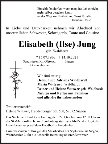 Traueranzeige von Elisabeth Jung von Siegener Zeitung