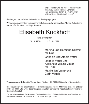 Traueranzeige von Elisabeth Kuckhoff von Siegener Zeitung