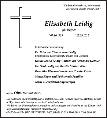 Traueranzeige von Elisabeth Leidig von Siegener Zeitung