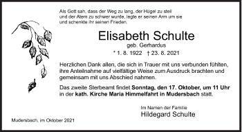 Traueranzeige von Elisabeth Schulte von Siegener Zeitung