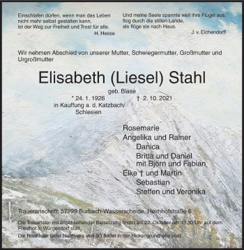 Traueranzeige von Elisabeth Stahl von Siegener Zeitung