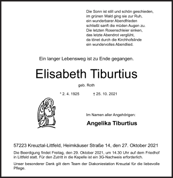 Traueranzeige von Elisabeth Tiburtius von Siegener Zeitung