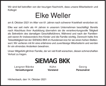 Traueranzeige von Elke Weller von Siegener Zeitung