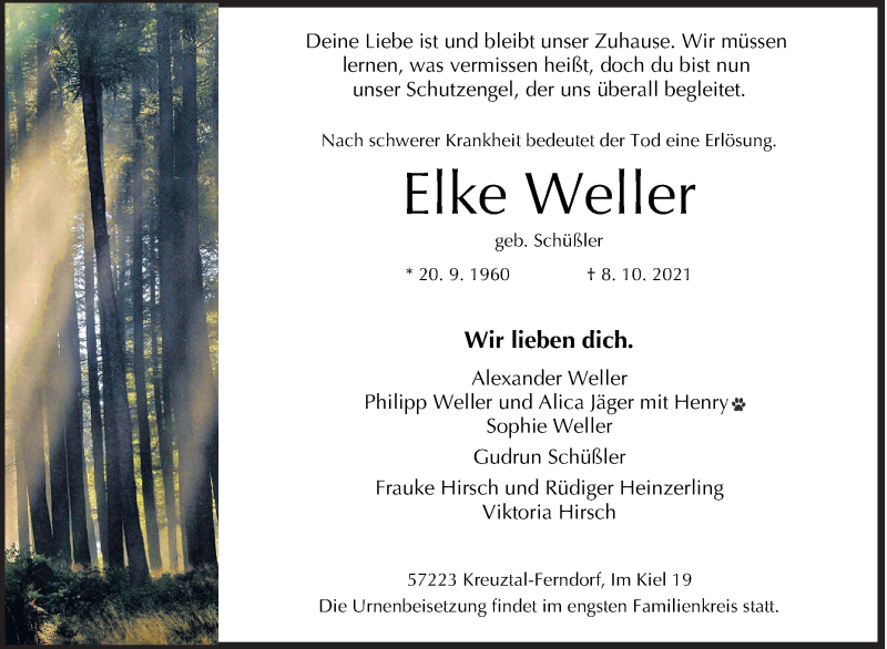  Traueranzeige für Elke Weller vom 13.10.2021 aus Siegener Zeitung