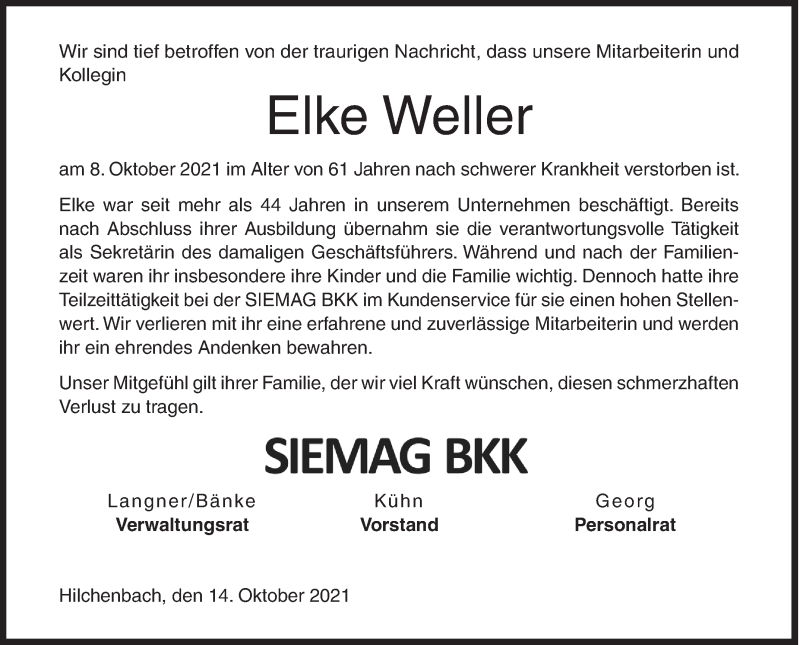  Traueranzeige für Elke Weller vom 14.10.2021 aus Siegener Zeitung