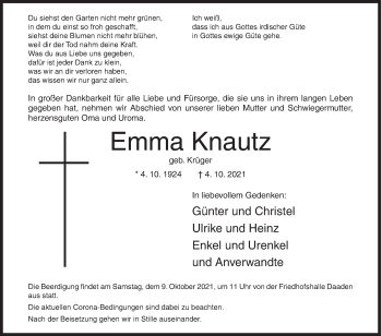 Traueranzeige von Emma Knautz von Siegener Zeitung