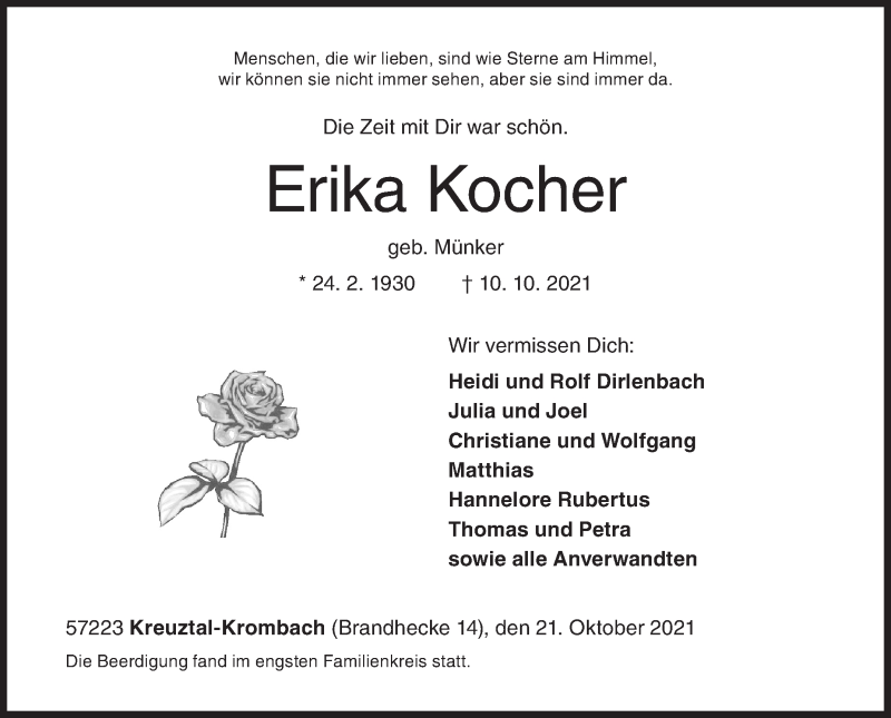  Traueranzeige für Erika Kocher vom 21.10.2021 aus Siegener Zeitung