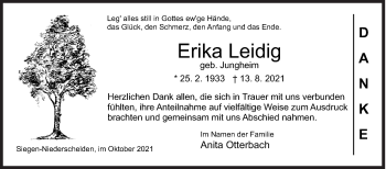 Traueranzeige von Erika Leidig von Siegener Zeitung