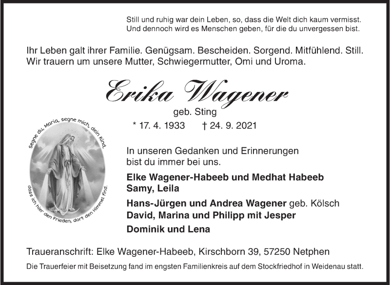  Traueranzeige für Erika Wagener vom 02.10.2021 aus Siegener Zeitung