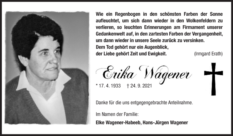  Traueranzeige für Erika Wagener vom 30.10.2021 aus Siegener Zeitung