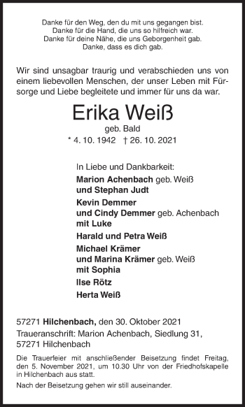 Traueranzeige von Erika Weiß von Siegener Zeitung