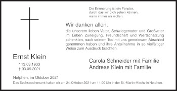 Traueranzeige von Ernst Klein von Siegener Zeitung