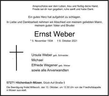 Traueranzeige von Ernst Weber von Siegener Zeitung