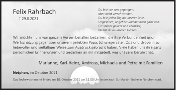 Traueranzeige von Felix Rahrbach von Siegener Zeitung