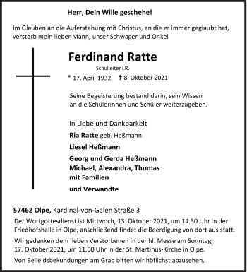 Traueranzeige von Ferdinand Ratte von Siegener Zeitung