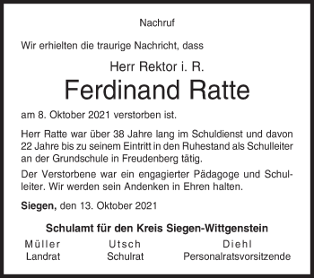 Traueranzeige von Ferdinand Ratte von Siegener Zeitung