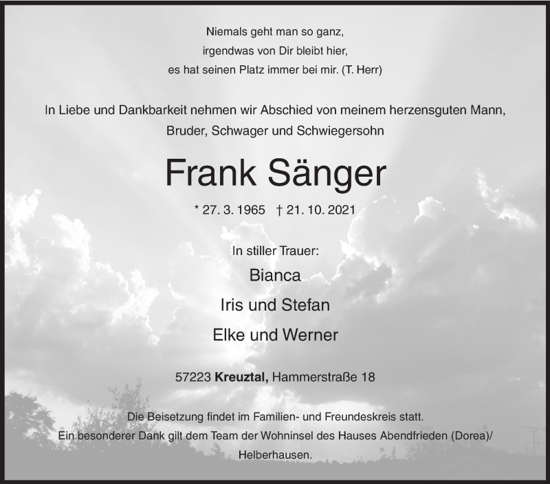  Traueranzeige für Frank Sänger vom 27.10.2021 aus Siegener Zeitung